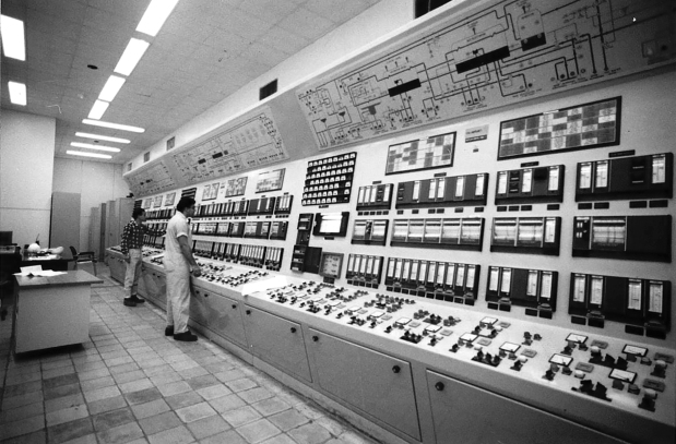 DECEMBER 1985: The main control room of a desalination plant in Bahrain.